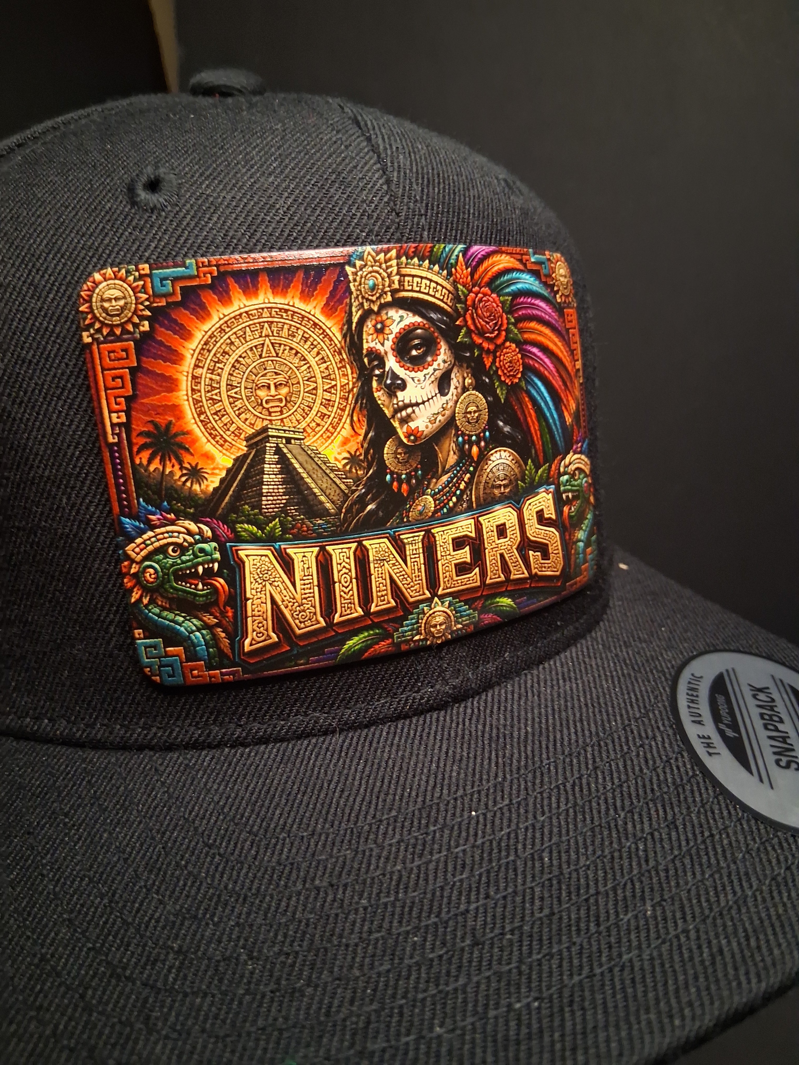 Aztec Catrina Hat Patch | Chicano Inspired Football Fan Art | UV Printed Leatherette Patch Hat | Bay Area Style Snapback