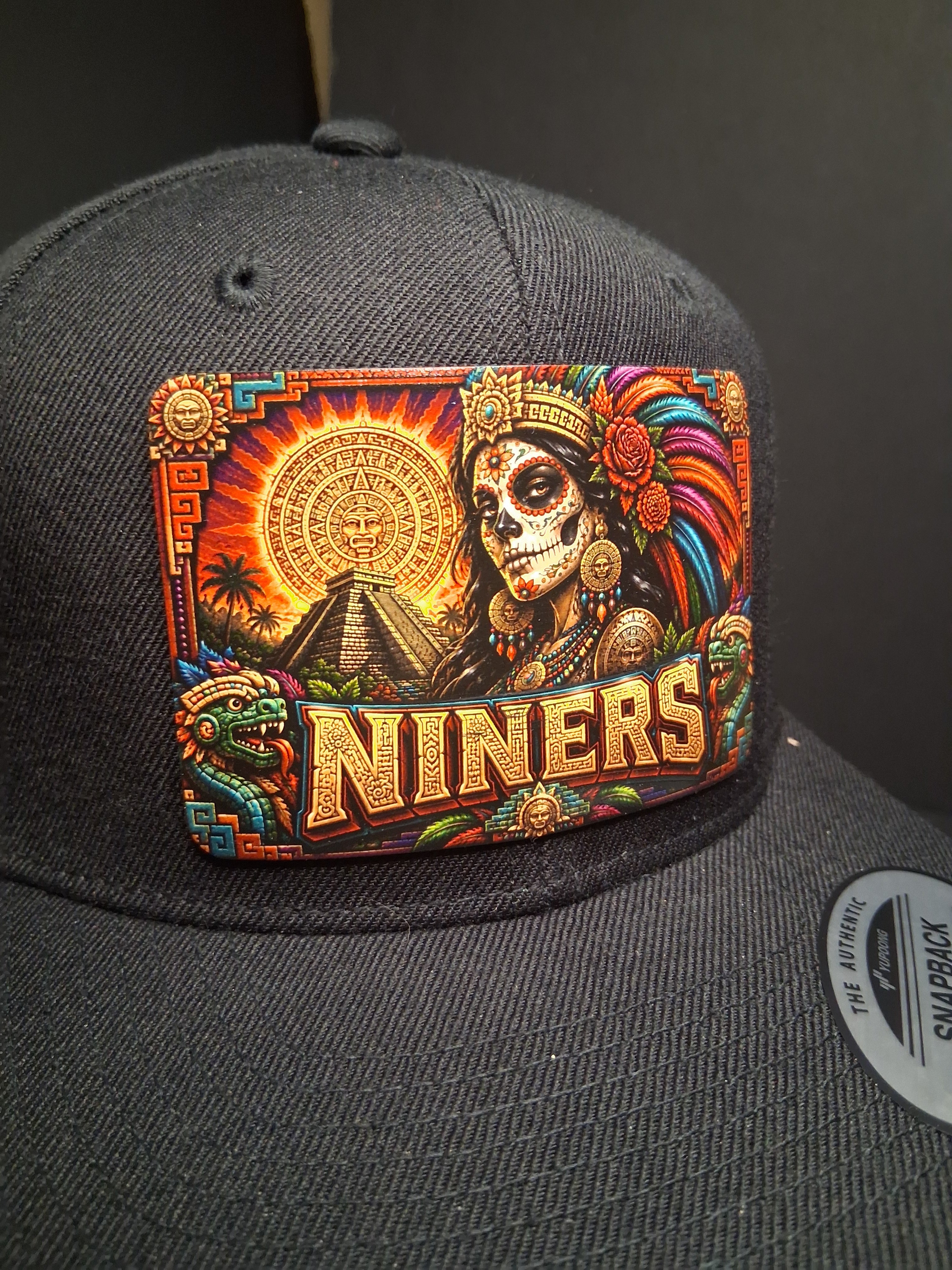 Aztec Catrina Hat Patch | Chicano Inspired Football Fan Art | UV Printed Leatherette Patch Hat | Bay Area Style Snapback