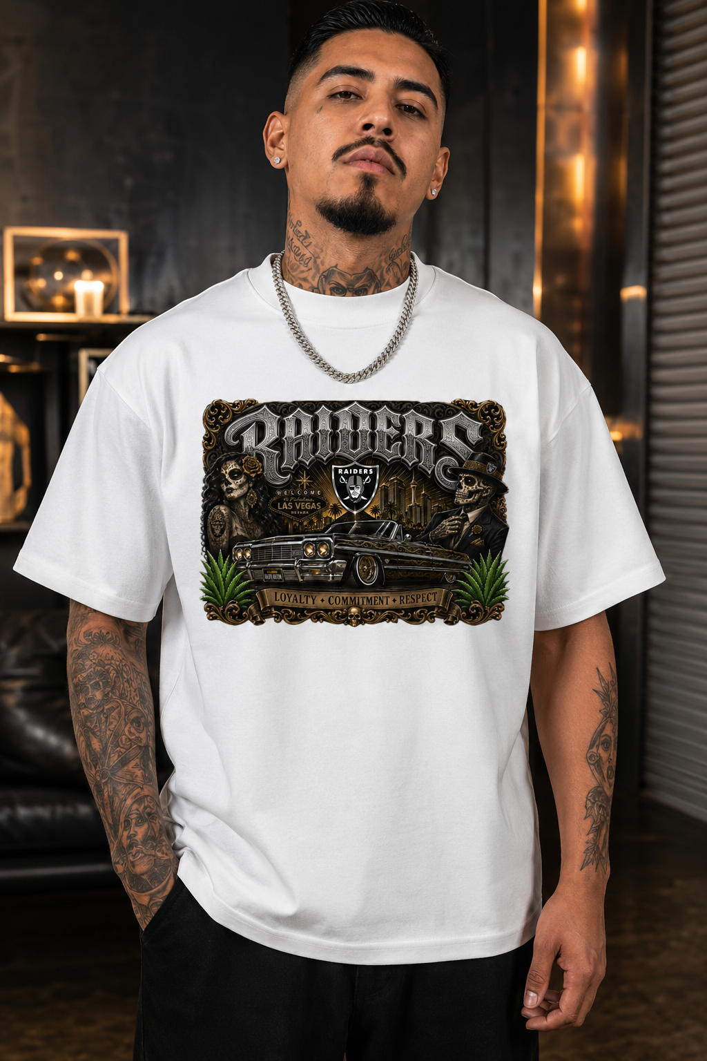 Raiders Chicano Lowrider Premium White Pro Club T-Shirt