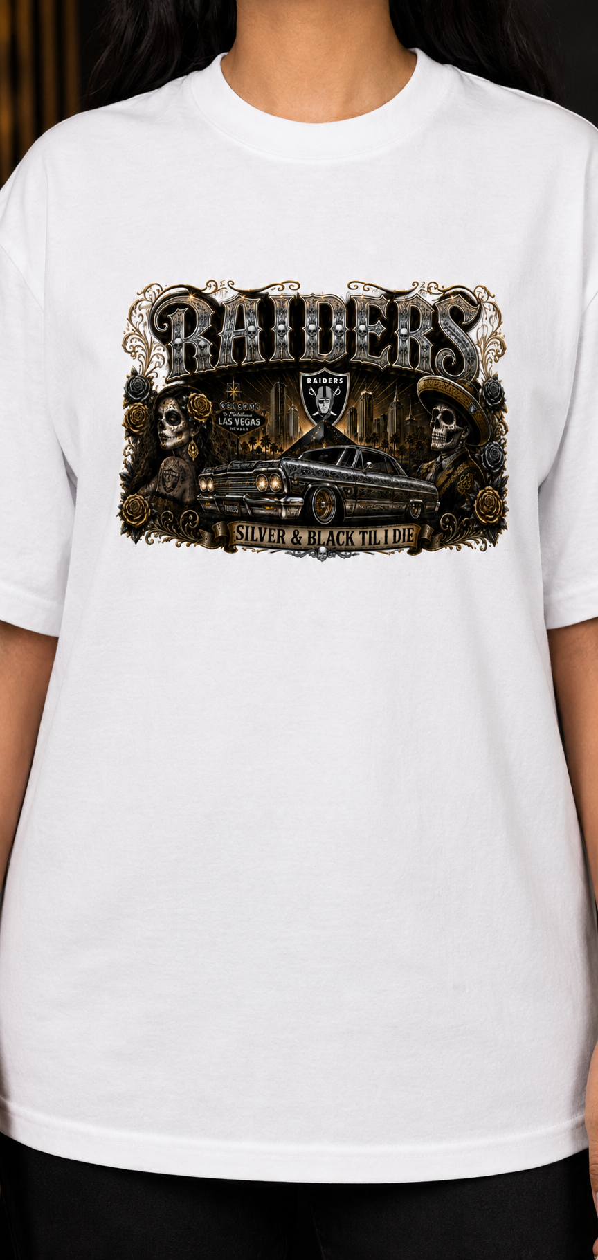 Raiders Silver & Black Chicano Lowrider Premium White T-Shirt