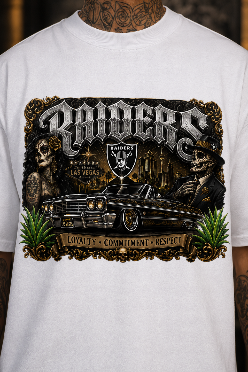 Raiders Chicano Lowrider Premium White Pro Club T-Shirt