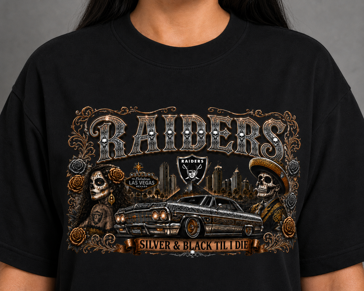 Raiders Silver & Black Chicano Lowrider T-Shirt