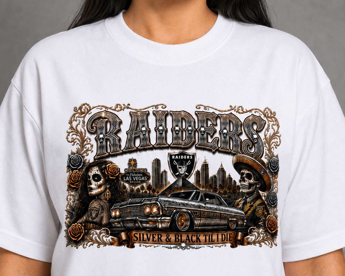 Raiders Silver & Black Chicano Lowrider T-Shirt