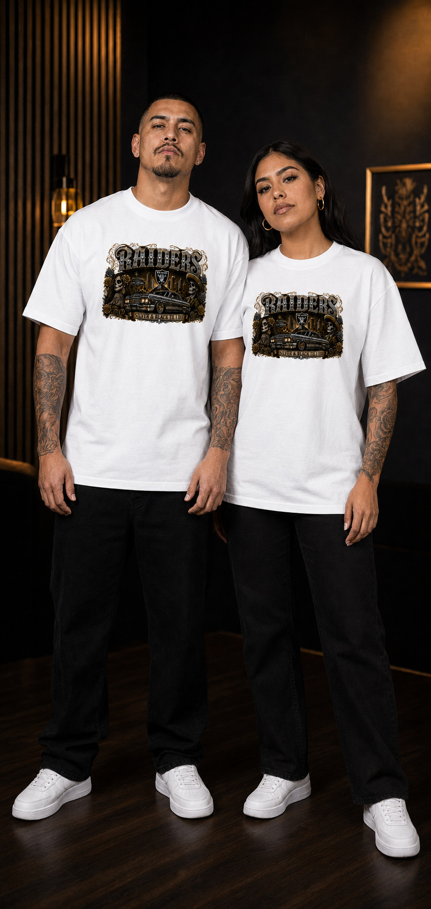Raiders Silver & Black Chicano Lowrider Premium White T-Shirt