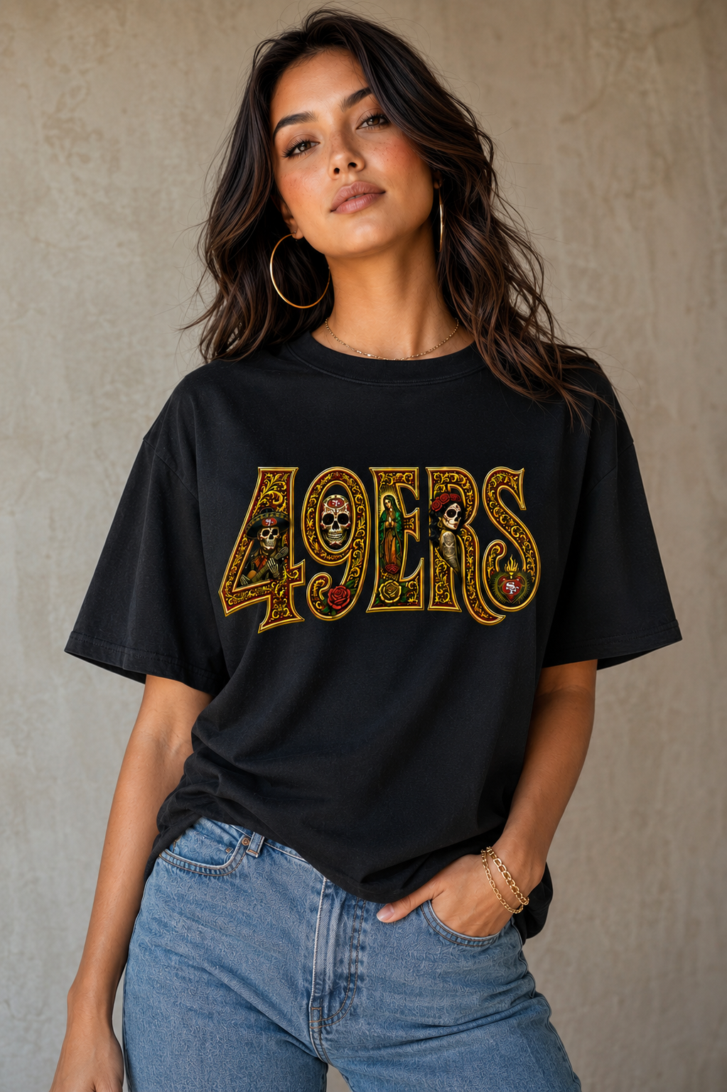49ERS Gold Edition Día de los Muertos T-Shirt | Chicano Streetwear Graphic Tee