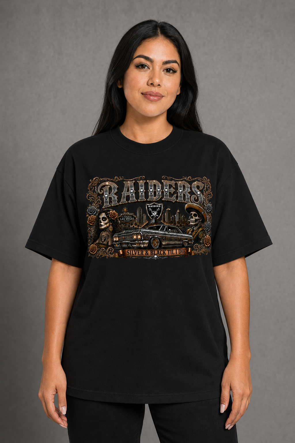 Raiders Silver & Black Chicano Lowrider T-Shirt