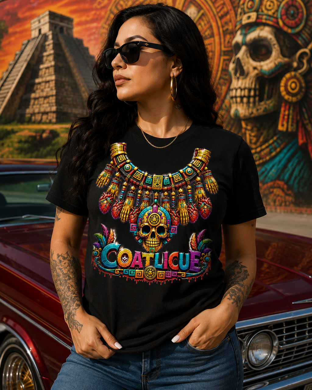 Coatlicue Aztec Skull Graphic T-Shirt
