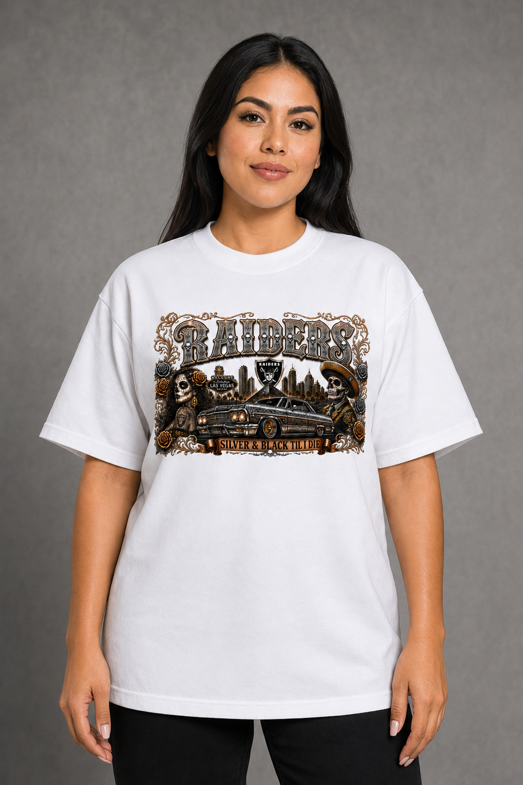Raiders Silver & Black Chicano Lowrider T-Shirt