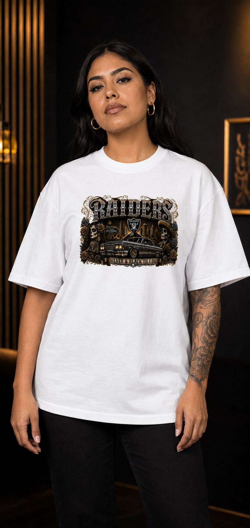 Raiders Silver & Black Chicano Lowrider Premium White T-Shirt