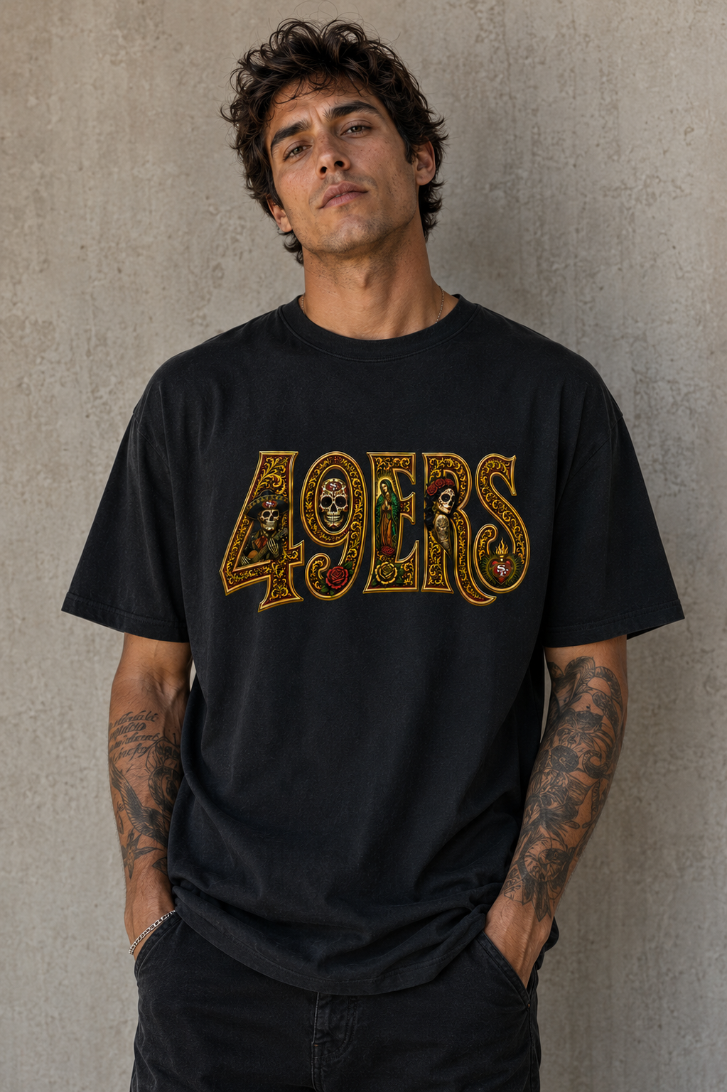 49ERS Gold Edition Día de los Muertos T-Shirt | Chicano Streetwear Graphic Tee