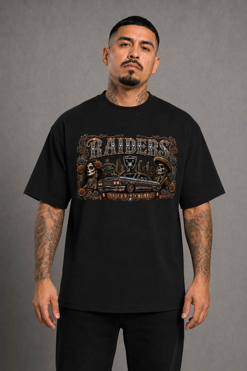 Raiders Silver & Black Chicano Lowrider T-Shirt