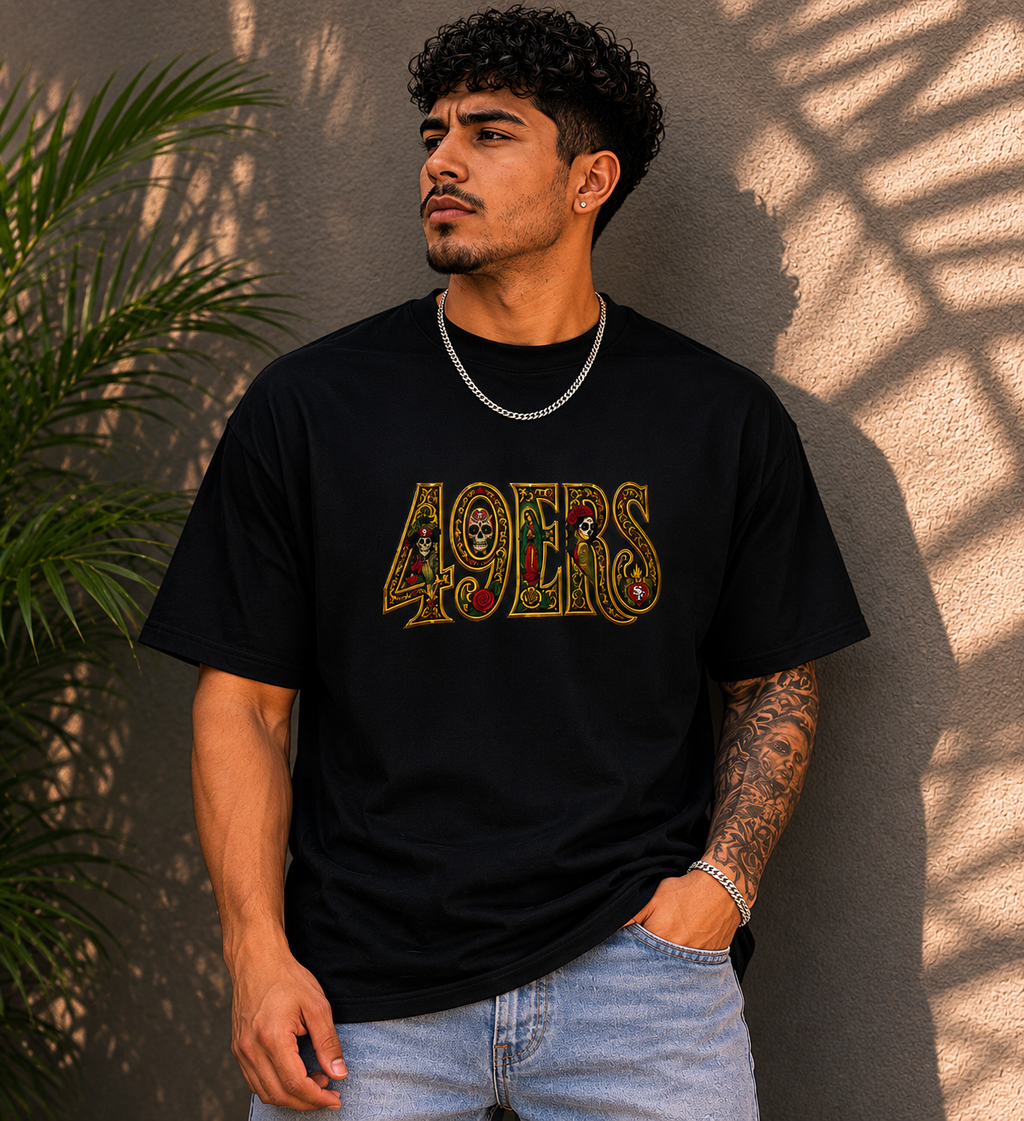 49ERS Gold Edition Día de los Muertos T-Shirt | Chicano Streetwear Graphic Tee