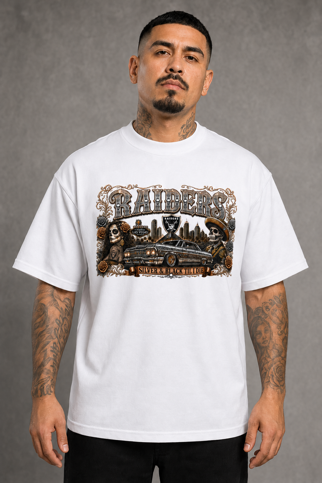 Raiders Silver & Black Chicano Lowrider T-Shirt