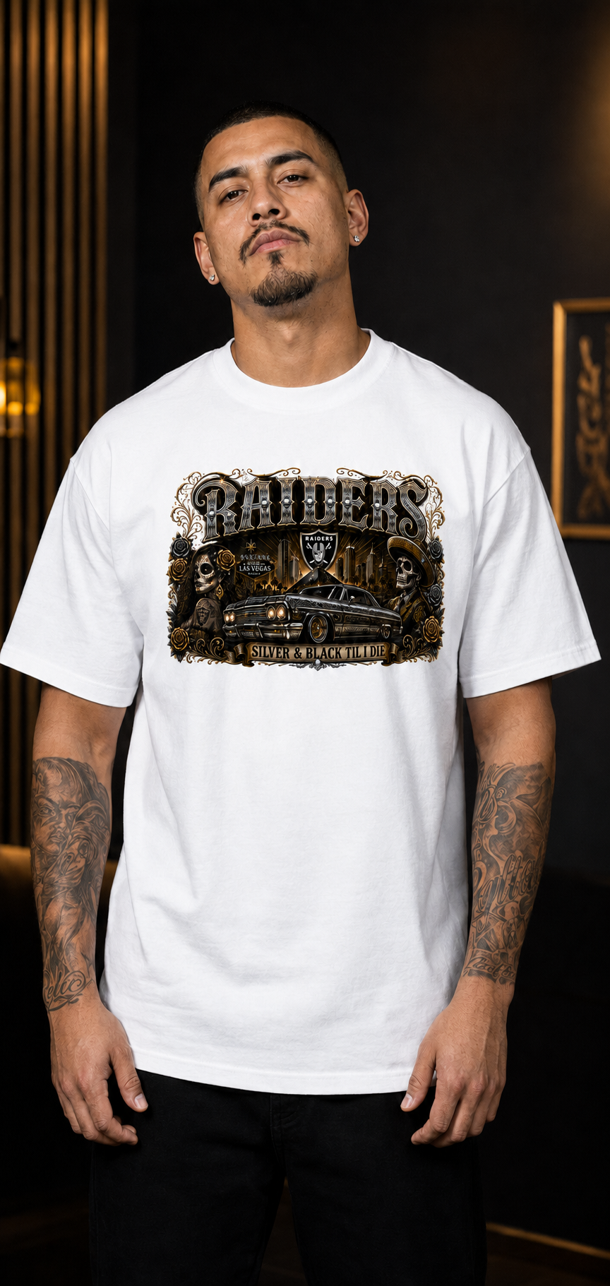 Raiders Silver & Black Chicano Lowrider Premium White T-Shirt