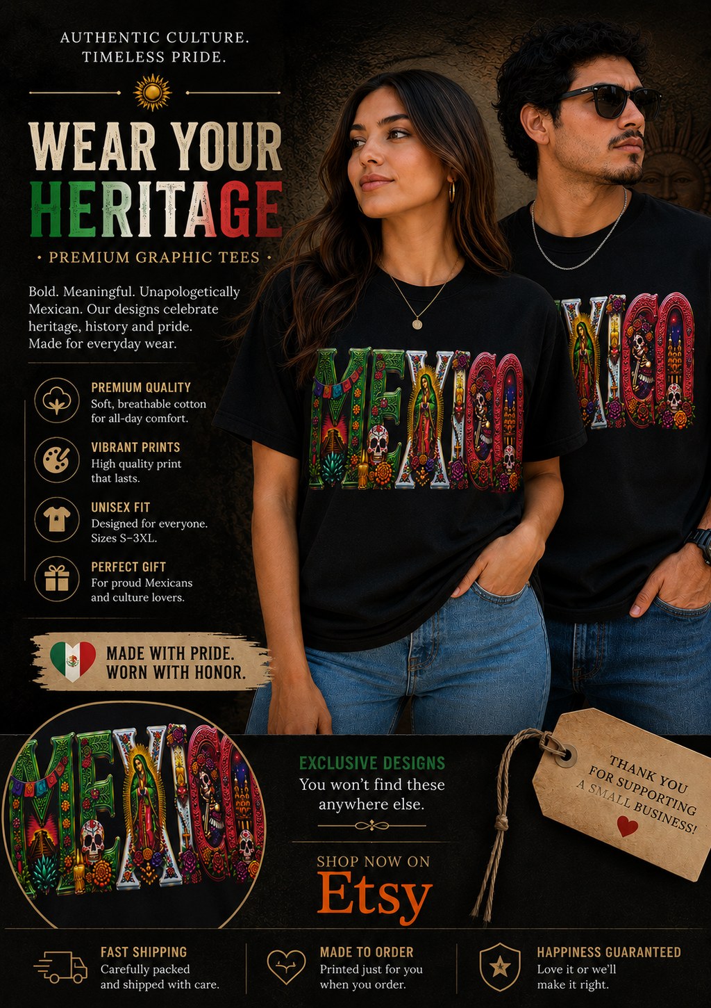 Mexico Heritage Shirt | Virgen de Guadalupe, Catrina, Floral Designs