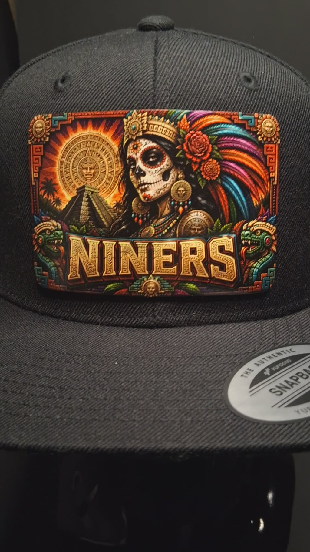 Aztec Catrina Hat Patch | Chicano Inspired Football Fan Art | UV Printed Leatherette Patch Hat | Bay Area Style Snapback