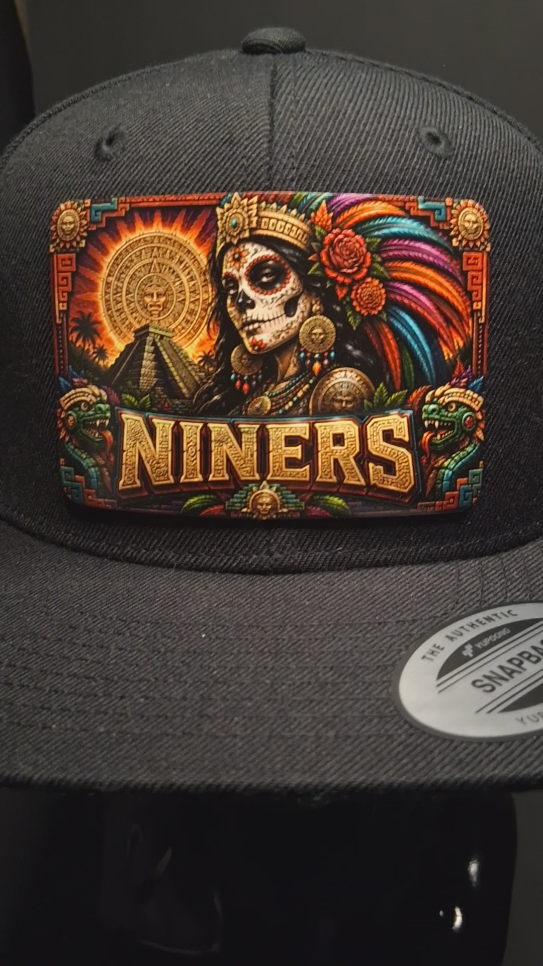 Aztec Catrina Hat Patch | Chicano Inspired Football Fan Art | UV Printed Leatherette Patch Hat | Bay Area Style Snapback