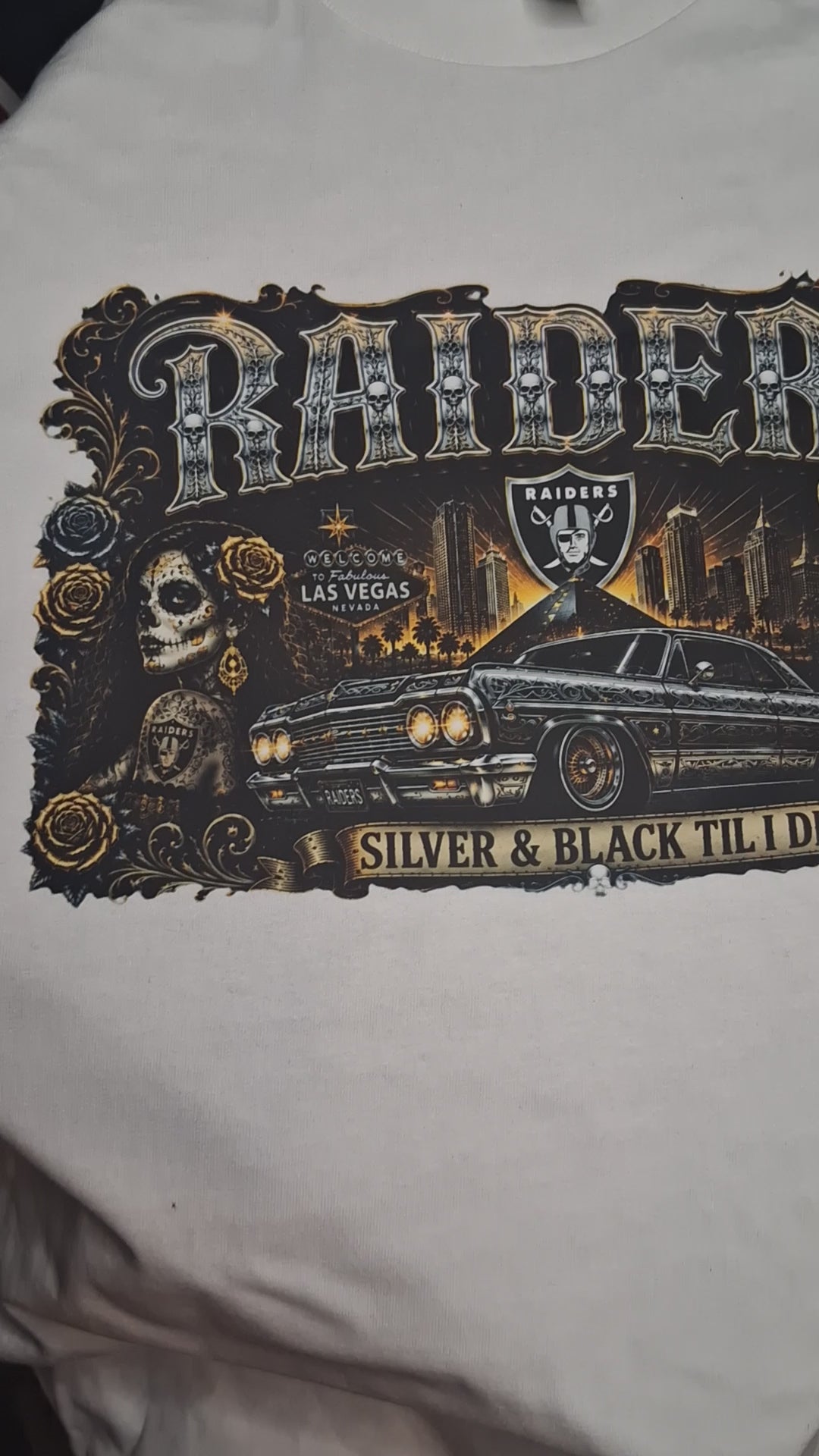Raiders Silver & Black Chicano Lowrider Premium White T-Shirt